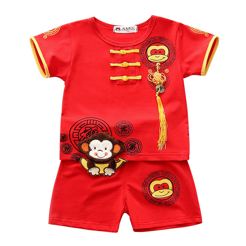 小童男童唐装夏婴儿童抓周礼服套装宝宝1一3岁薄款衣服中国风红色