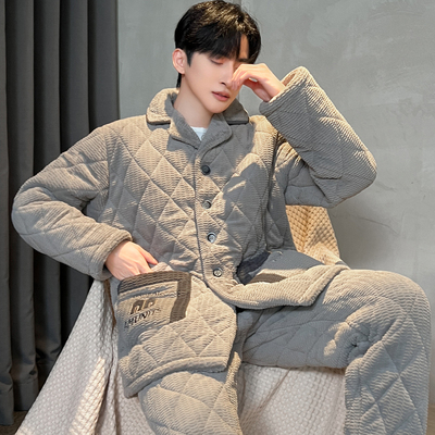 睡衣男款秋冬季三层夹棉加厚加绒保暖珊瑚绒法兰绒男士家居服套装