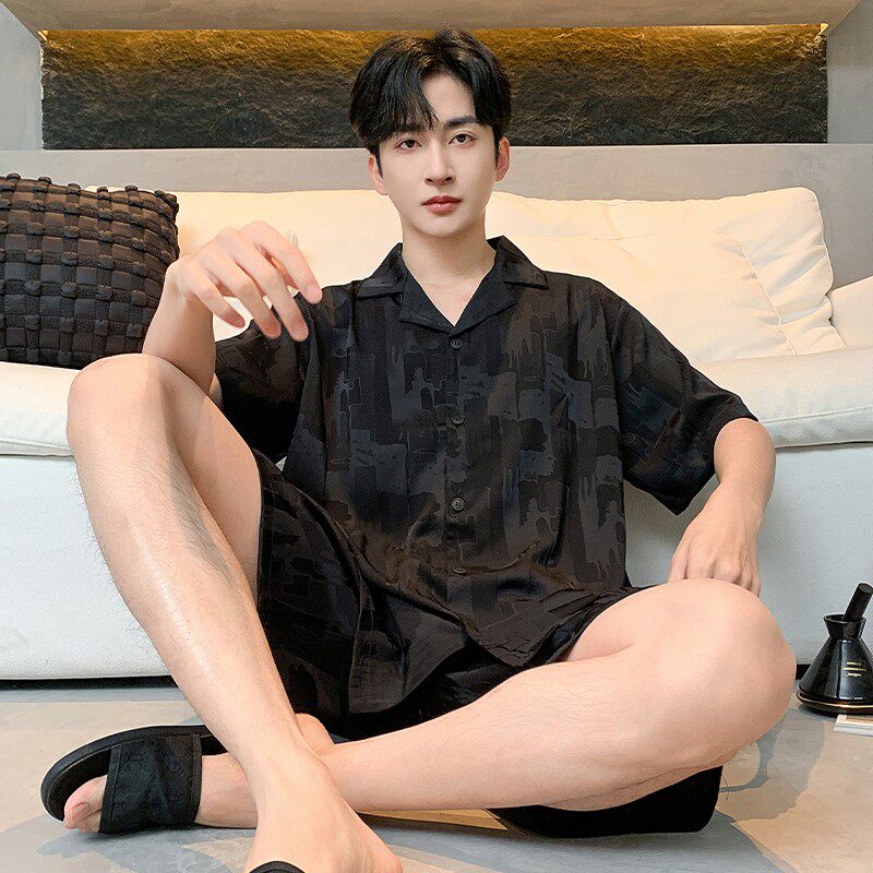 睡衣男夏季冰丝高级感短袖短裤薄款男生青少年夏天黑色家居服套装