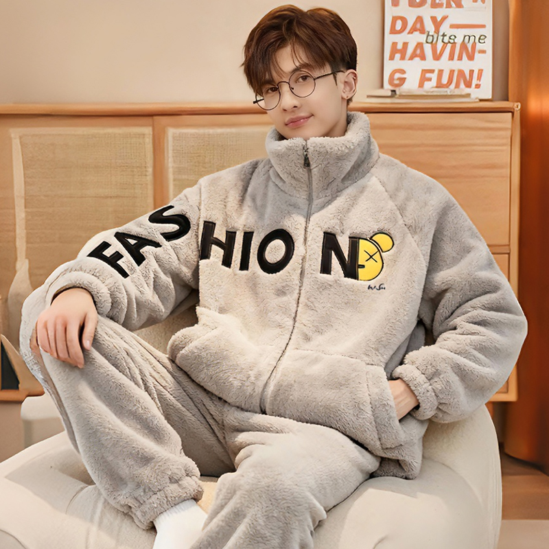 睡衣男士珊瑚绒秋冬季加厚加绒冬天青少年男保暖法兰绒家居服套装