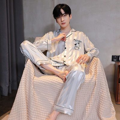 睡衣男士夏季2025新款冰丝春秋款长袖青少年男生加大码家居服套装