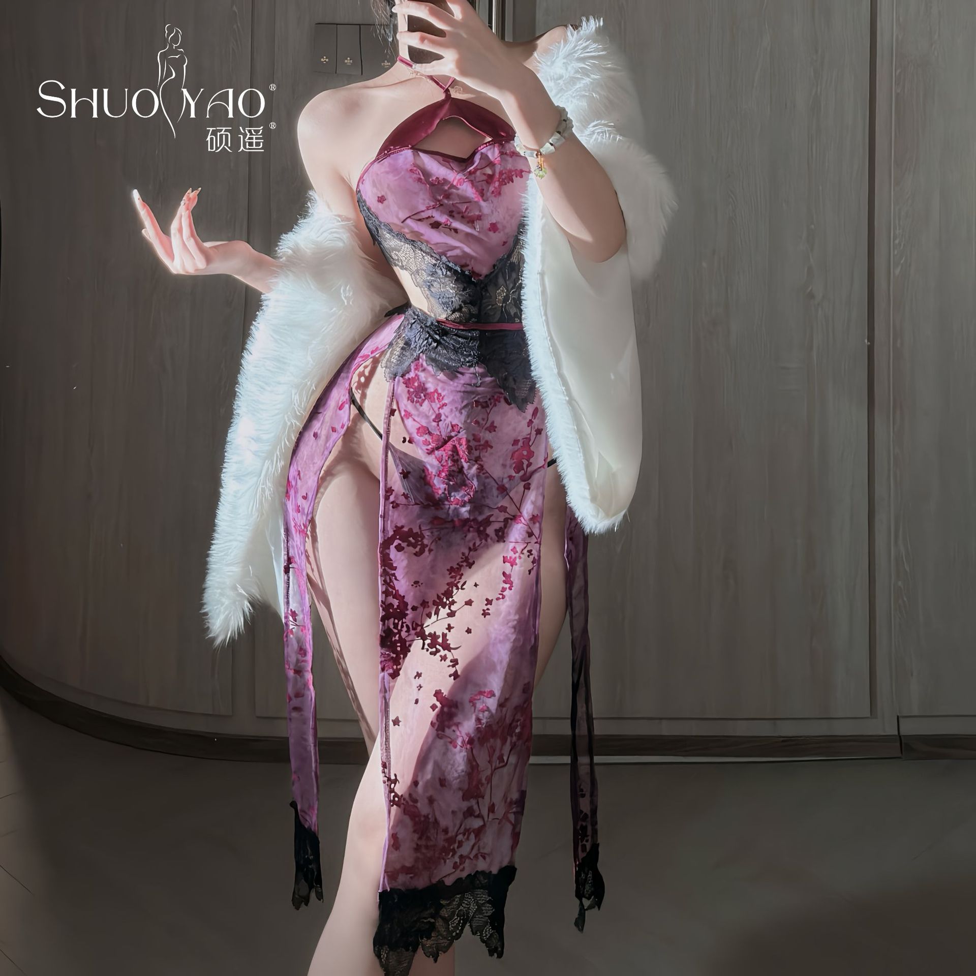 硕遥性感紫色高级感复古旗袍女家居睡裙吊带蕾丝透视睡衣套装