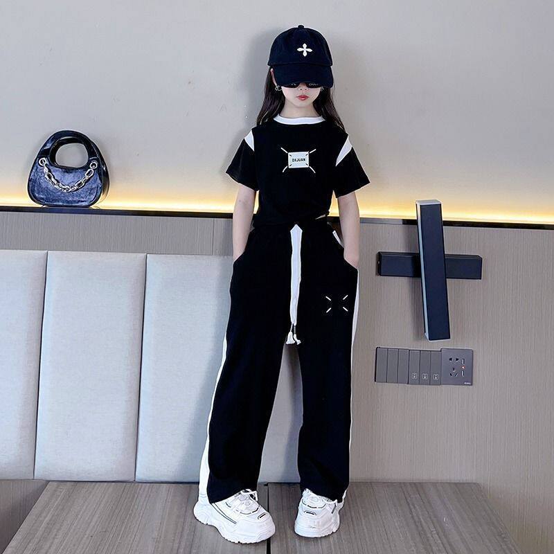 女童夏季潮酷套装 黑白拼色短袖侧边条纹阔腿裤两件套