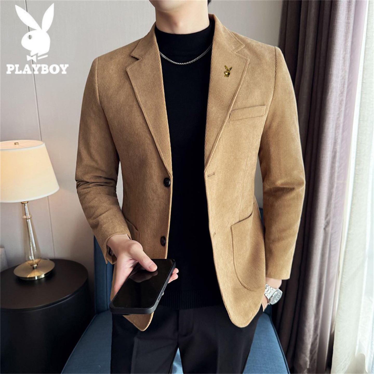 花花公子西装外套男灯芯绒西服潮