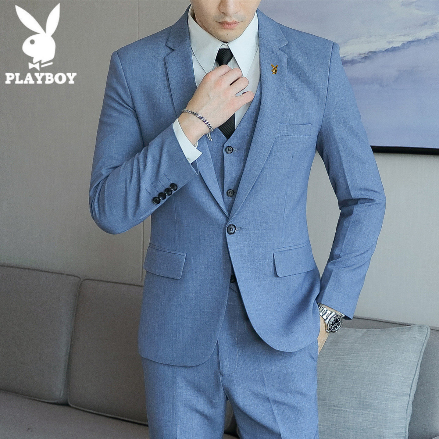 花花公子西服套装男士修身弹力商务休闲外套新郎结婚礼服潮流大码