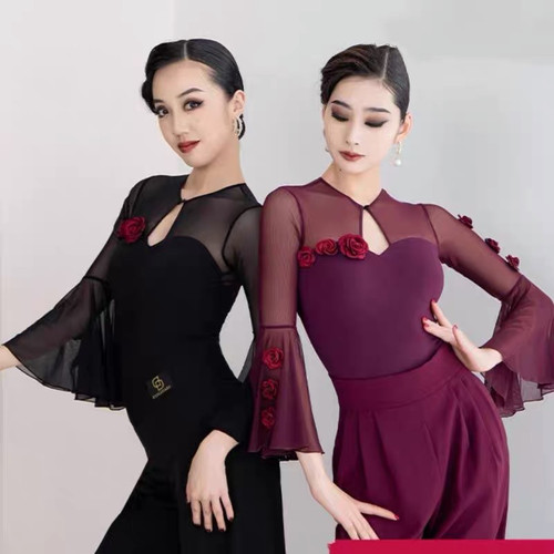 ZSW长袖连体衣女摩登舞蹈服新款女国标舞服练功服时尚圆领连体服