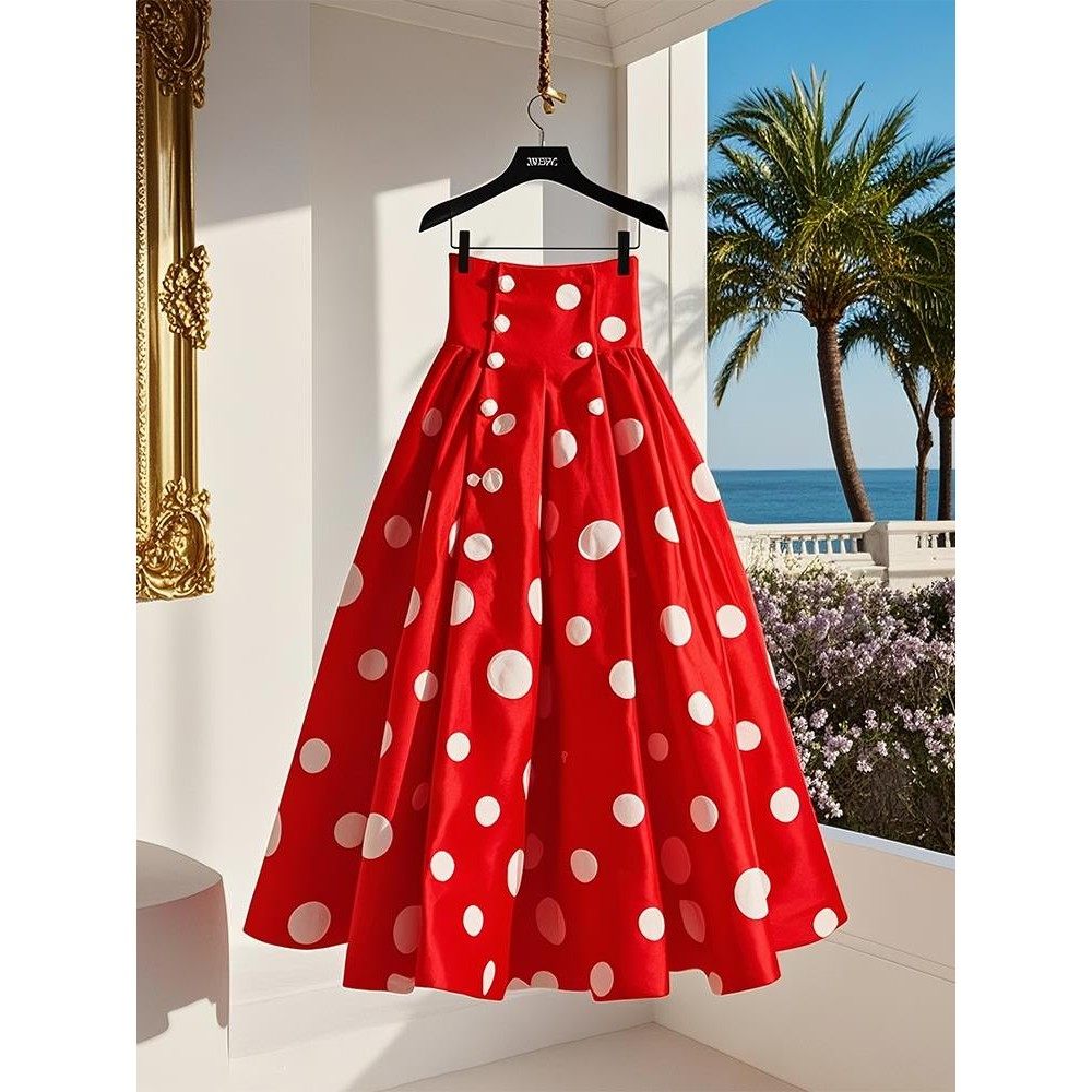 多巴胺今年流行高级感超好看长裙红色a字大裙摆波点伞裙半身裙春