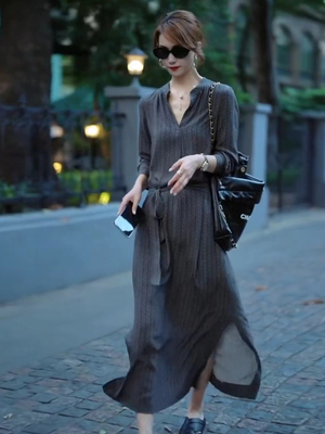 高级感别致优雅气质显瘦长裙女夏季薄款长袖系带宽松简约连衣裙女