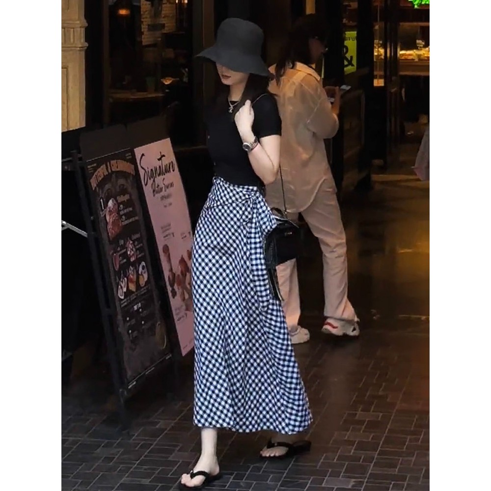 复古亚麻系带黑白格子半身裙女2025新款夏季高腰显瘦气质中长裙子