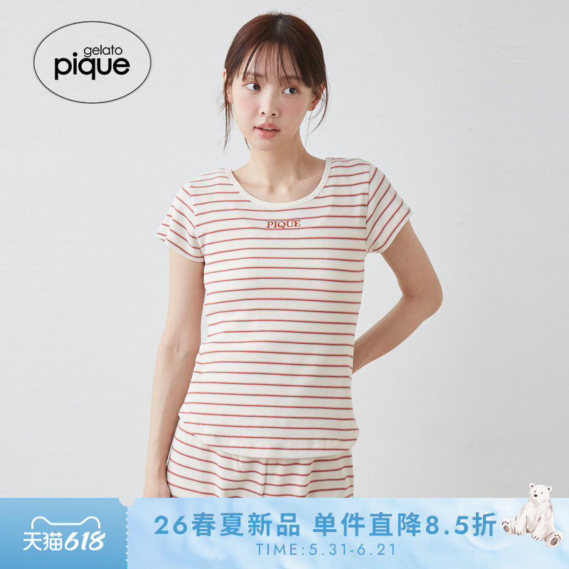 gelato pique26春夏新品女睡衣华夫格条纹短袖T恤居家PWCT262275