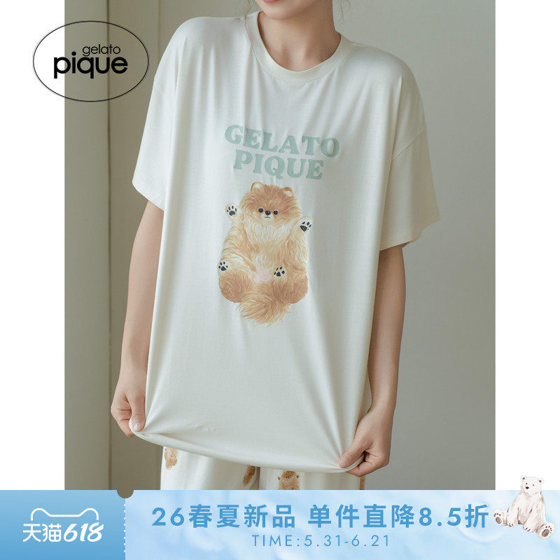 gelato pique26春夏新品女睡衣翻肚皮小狗短袖T恤居家PWCT261257