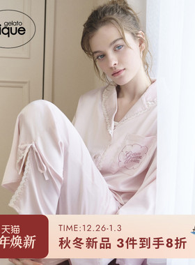 gelato pique25秋冬新品女睡衣缎面蕾丝长袖衬衫居家PWFT255264