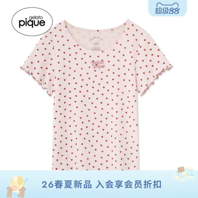 gelato pique26春夏新品女睡衣小爱心木耳边短袖上衣PWCT262318