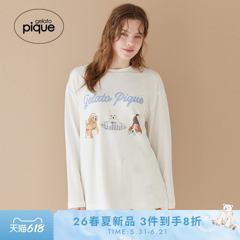 gelato pique26春夏新品男女同款睡衣小狗长袖T恤居家PUCT261250