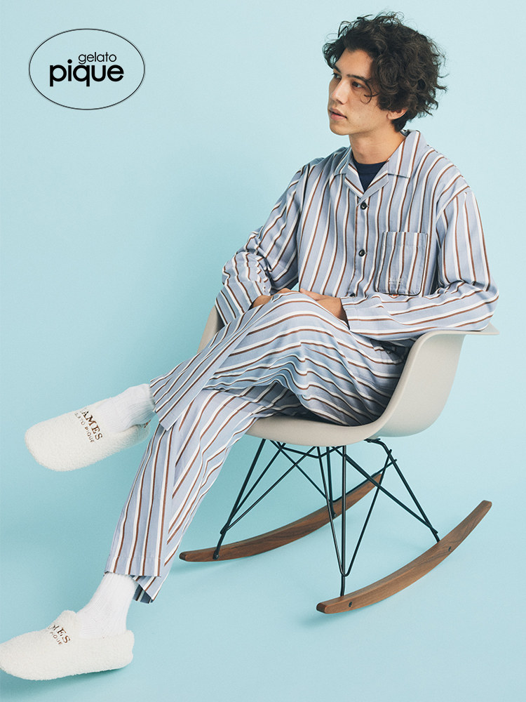 GELATO PIQUE AUTUMN COUPLE PAJAMAS EAMES STRIPED COTTON SHIRT PMFT224961