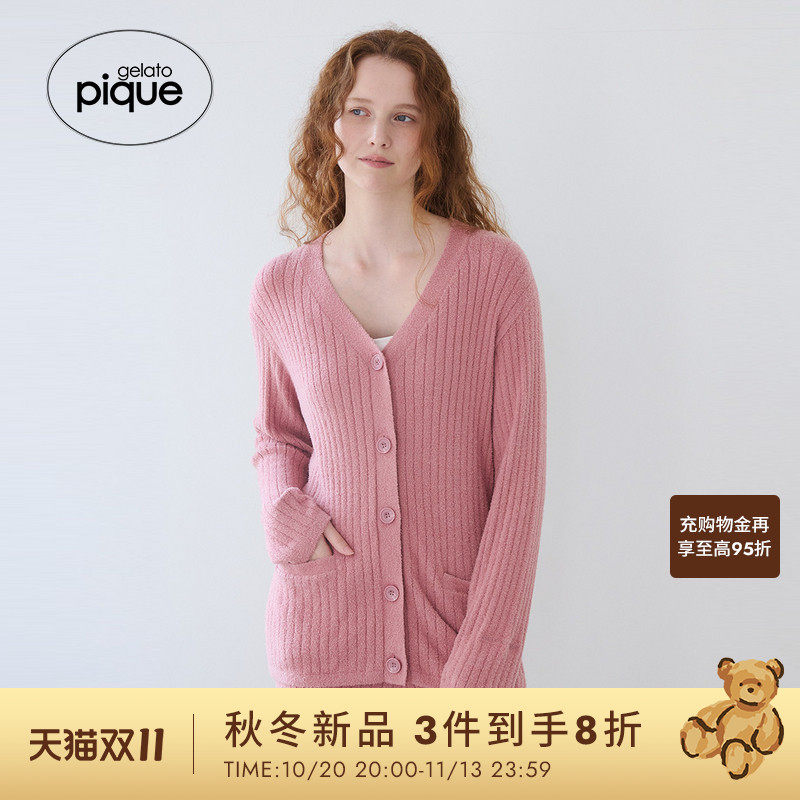 gelato pique26秋冬新品女睡衣奶昔纯色竖纹开衫居家PWNT264052