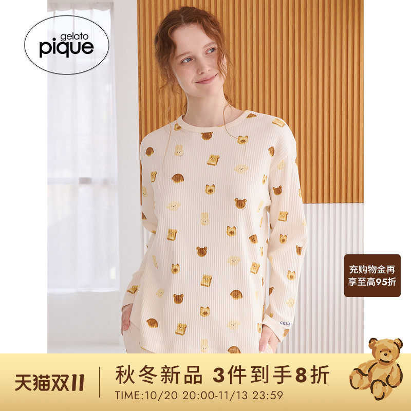 gelato pique26秋冬新品女睡衣动物面包满印长袖T恤PWCT264334