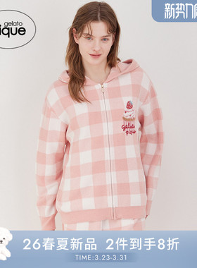 gelato pique26春夏新品女睡衣半边绒甜品格纹连帽衫PWNT261133