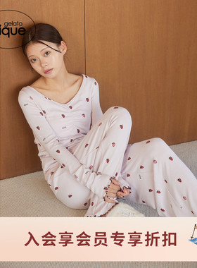 gelato pique25秋冬新品女睡衣小草莓满印长袖套头衫PWCT255225