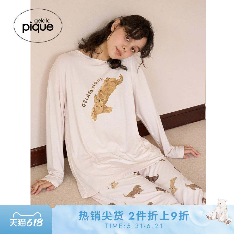 gelato pique25秋冬新品女睡裤小狗满印系带长裤居家PWCP255386