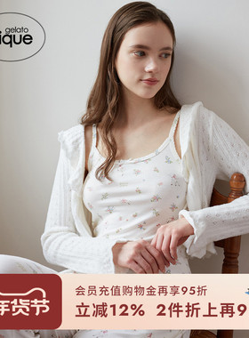 gelato pique秋冬女睡衣薄半边绒荷叶边系带开衫PWNT244092