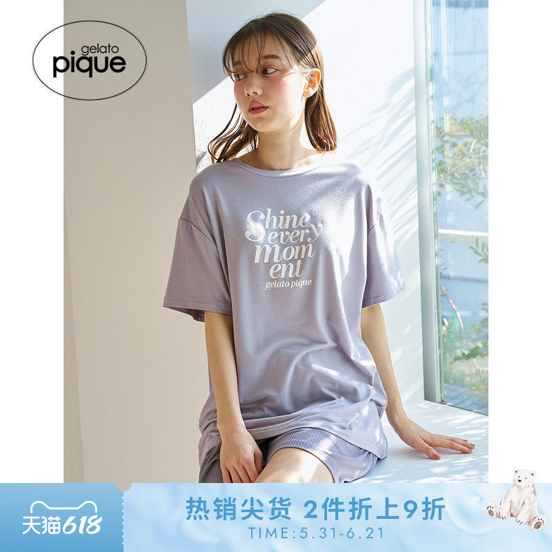 gelato pique春夏女睡衣套装字母简约柔软短袖短裤PWCT252229