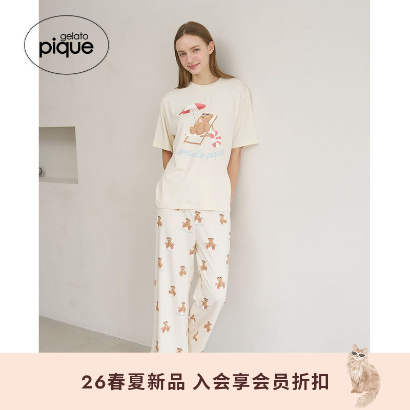 gelato pique26春夏新品女睡裤夏日小熊满印系带长裤PWCP262347
