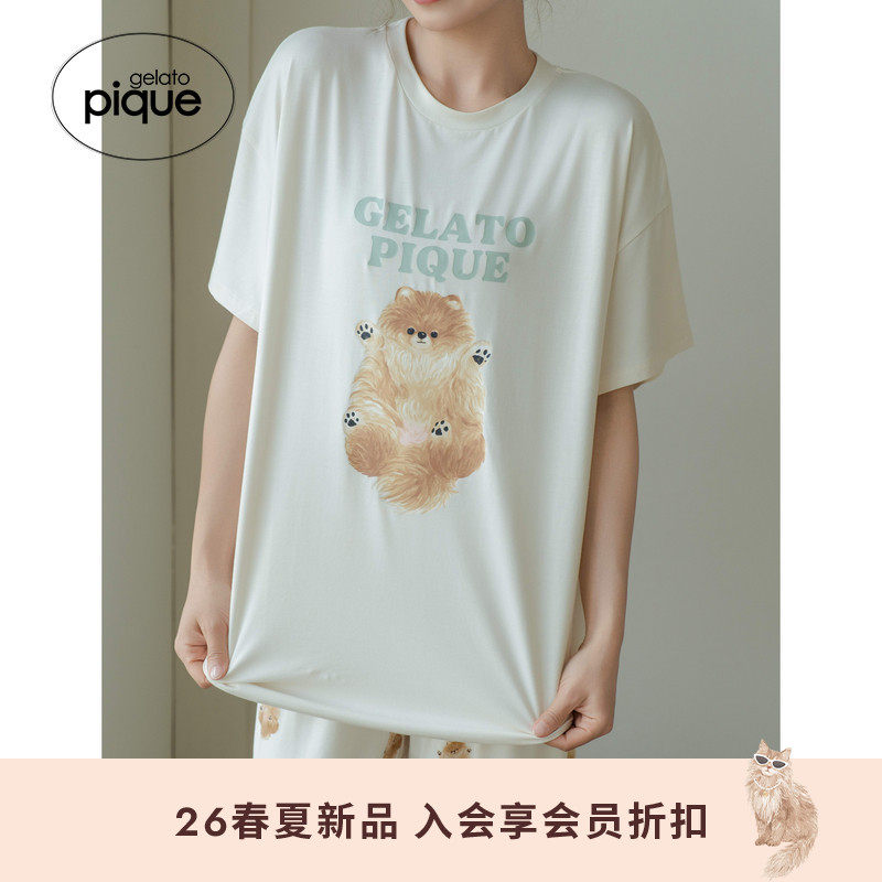 gelato pique26春夏新品女睡衣翻肚皮小狗短袖T恤居家PWCT261257