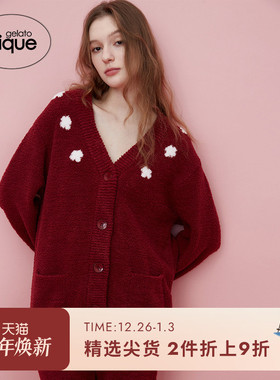 gelato pique秋冬女睡衣本命年红繁花半边绒开衫PWNT245184