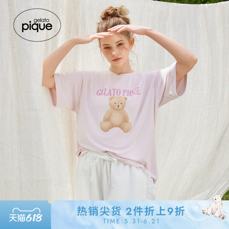 gelato pique25夏季新品女睡眠小熊褶边短裤睡衣套装PWCT252361