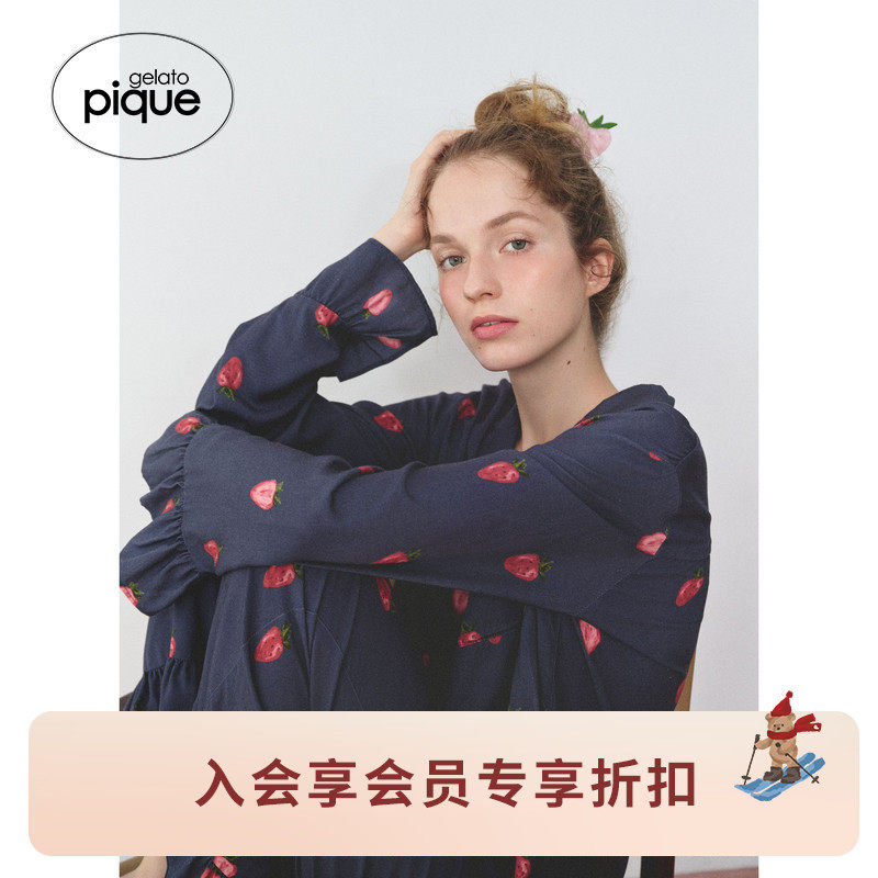 gelato pique25秋冬新品女睡衣草莓满印长袖衬衫居家PWFT255228