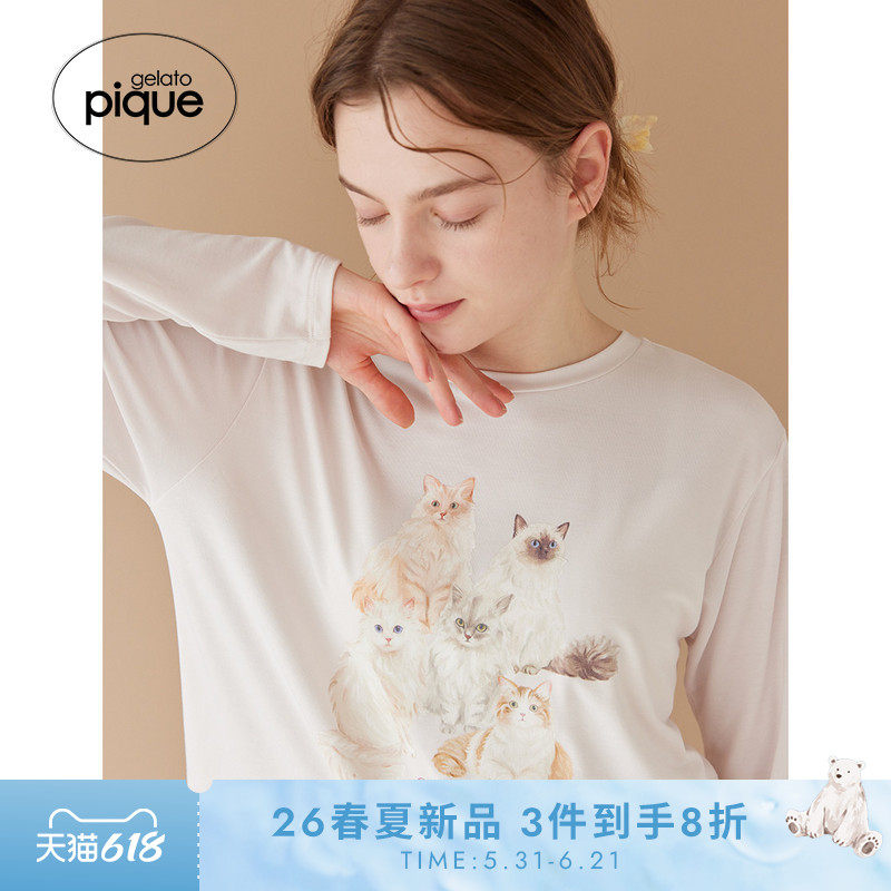 gelato pique26春夏新品女睡衣猫咪柔软长袖T恤居家PWCT261302