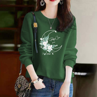 100纯棉卫衣高档时尚 160斤胖MM显瘦圆领套头秋冬上衣 文艺印花大码