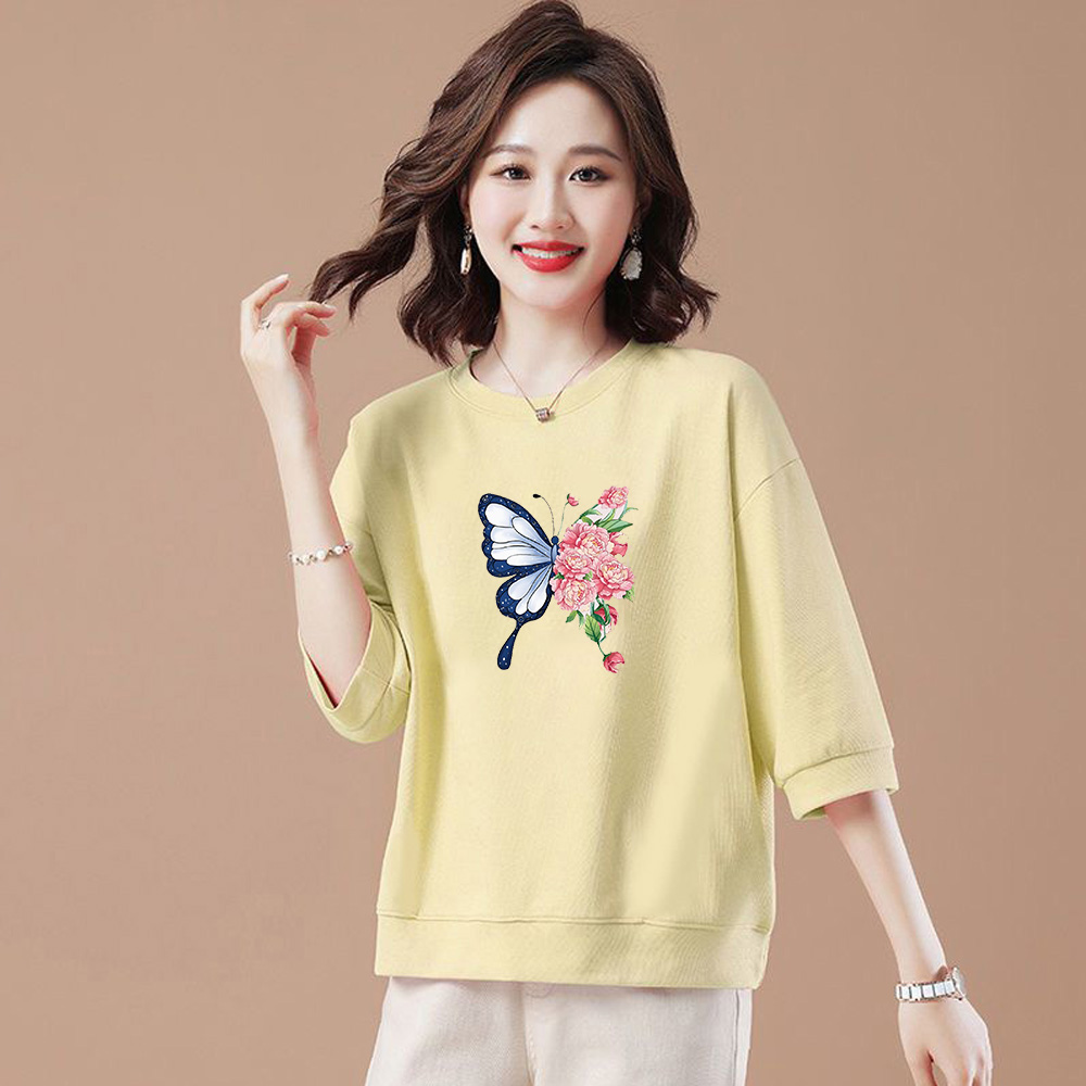 纯棉体恤圆领七分袖上衣