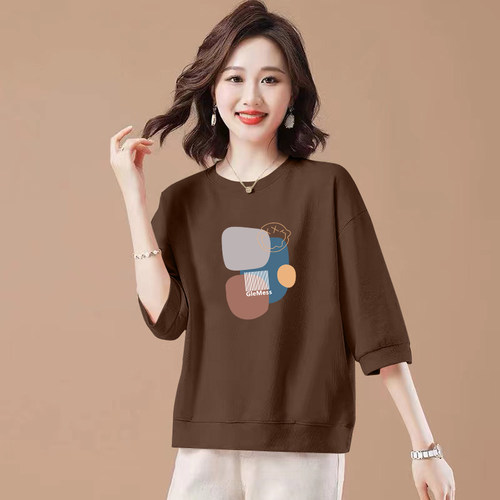 宽松纯棉大码圆领七分袖体恤上衣