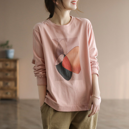 纯棉复古t恤女长袖宽松打底衫女