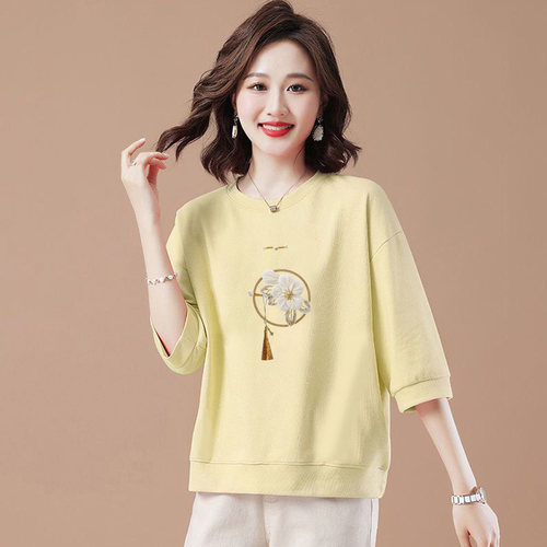 七分袖圆领宽松体恤上衣潮