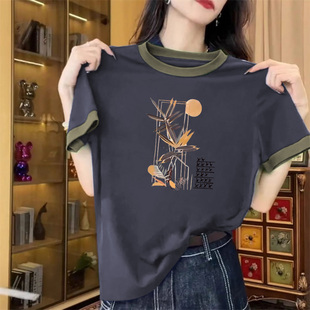 清仓捡漏 宽松大码 拼接拼色设计感遮肉短袖 T恤圆领纯棉上衣女 夏季