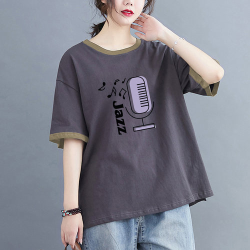 纯棉短袖t恤女宽松拼接撞色上衣