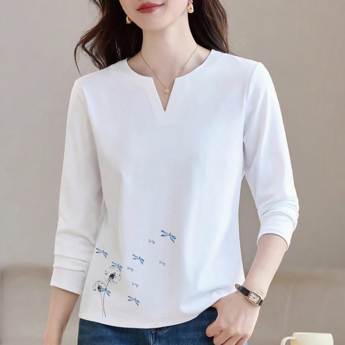 纯棉长袖小v领长袖t恤女士打底衫