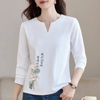 纯棉小V领女长袖大码宽松新中式