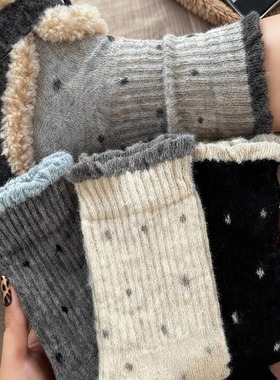 厚袜子女款2026新款爆款冬季加厚绒保暖灰色中筒波点女士堆堆长袜