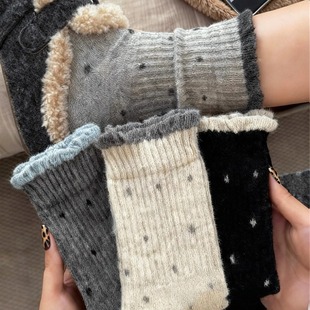 厚袜子女款2025新款爆款冬季加厚绒保暖灰色中筒波点女士堆堆长袜