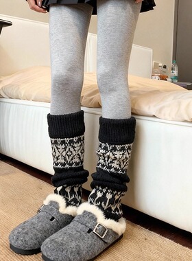 复古费尔岛堆堆袜套秋冬保暖配雪地靴打底裤羊绒加厚灰色小腿长袜