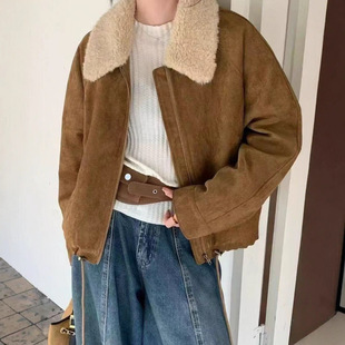 今年流行特惠2025秋冬新款韩版宽松羊羔毛翻领麂皮绒短外套女夹棉