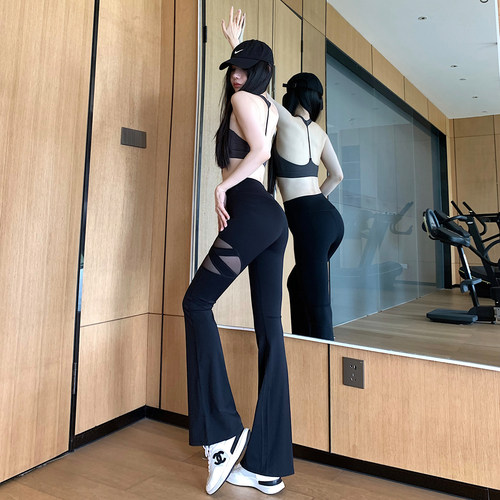 JumpingCat秋冬无尴尬线微喇裤镂空鲨鱼裤高腰提臀瑜伽运动裤女 - 封面