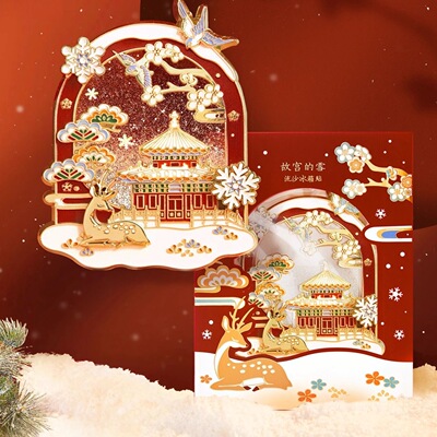 北京文创故宫的雪流沙金属冰箱贴瑞兔听雪旋转小雪花纪念品礼物