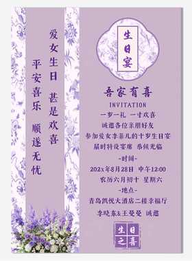 中式紫色宝宝满月宴百日宴单页电子请帖粉色生日宴邀请函图片请柬