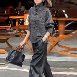 宽松时髦显瘦针织衫 女2025秋冬新款 开衫 皮裤 两件套 时尚 阔腿裤 套装