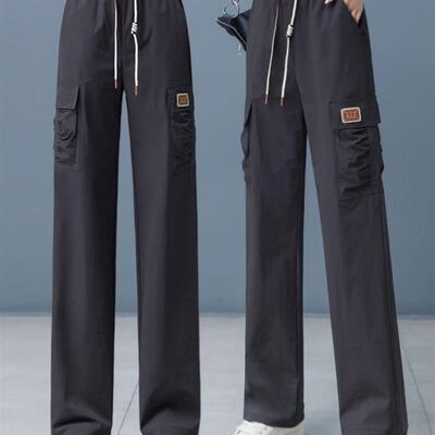 直筒工装裤女2025夏季薄款松紧高腰垂感抽绳口袋休闲裤运动阔腿裤